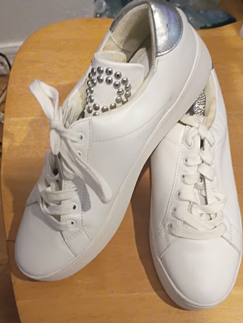 Michael Kors White Sneakers with Silver Heel Accent and Stud Detail